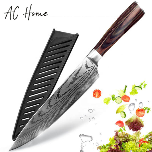 Wood Handle Damascus Pattern 8" High Carbon Stainless Steel Kitchen Knife Chef Knives
