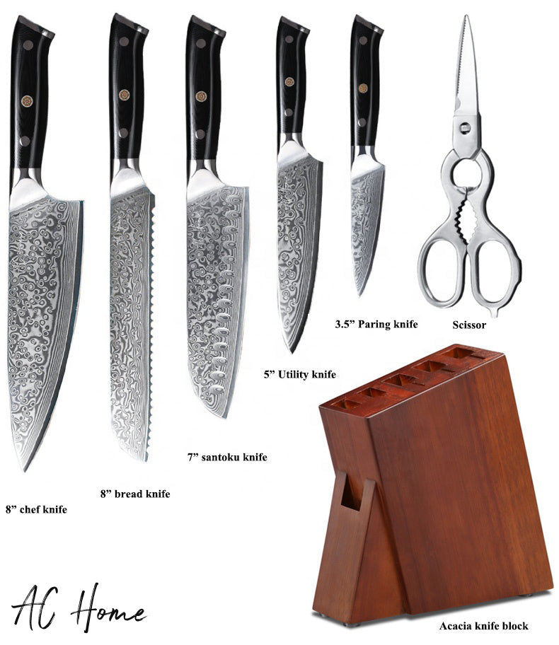 Professional Japanese Damascus Steel Hand made 7 PCS Kitchen Gyuto Chef Knife Set