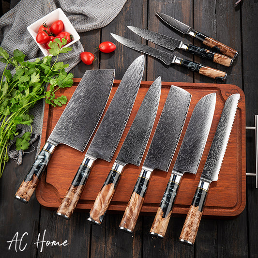Damascus Pattern Set  9 PCS Japanese Chef Knives VG10 Steel With Wood Resin Handle
